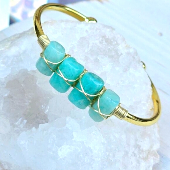 Amazonite Cuff ✦ Tranquility Talisman 14Kt Gold Wire Wrap ✦ Crystal Handmade - Picture 3 of 11